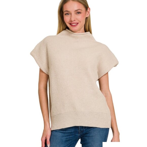 Zenana Sand Beige Power Shoulder Mock Neck Short Sleeve Knit Sweater Top NEW - Picture 1 of 1